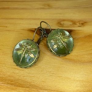 Handmade Green Czech Glass Button Brass Earrings - GLOW in black light